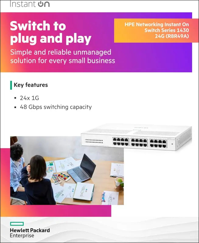 HPE Networking Instant on Switch Series 1430 24-Port Gb Unmanaged Layer 2 Ethernet Switch | 24X 1G | Fan-Less | AU Cord (R8R49A#ABG)