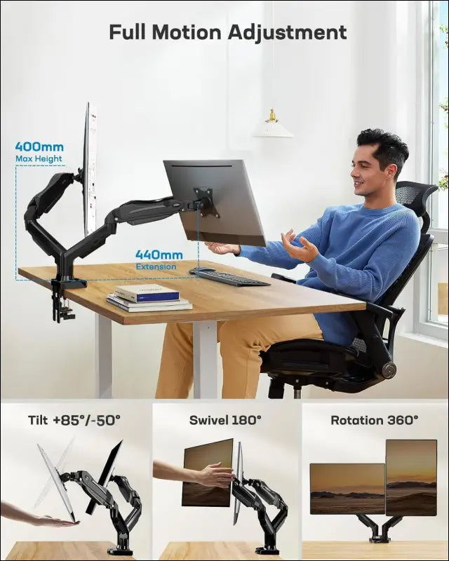 HUANUO Dual Monitor Stand - Full Adjustable Monitor Desk Mount Swivel Vesa Bracket with C Clamp, Grommet Mounting Base for 13 to 32 Inch Computer Screens - Each Arm Holds 4.4 to...