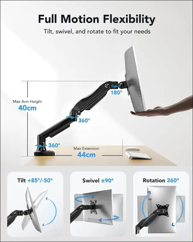 HUANUO Monitor Mount for 13 to 32 Inch Screens, Single Monitor Arm Stand Holds 2~9 kg, Height Adjustable with Tilts, Swivels, Rotates, VESA 75 & 100 mm