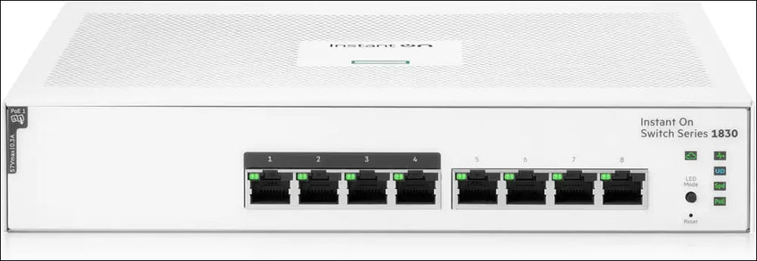 Instant On Switch Series 1830 8-Port Gigabit Smart-Managed Layer 2 Ethernet Switch with PoE | 8 x 1G Ports | 4 x CL4 PoE (65W) | Fanless Design | AU Power Cord (JL811A#ABG)