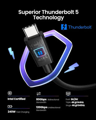 [Intel Certified] 80Gbps Thunderbolt 5 Cable Prime Braided, up to 120Gbps Bandwidth for Dual 8K/6K, 240W, Compatible for Thunderbolt 4/3, USB4, SSD, Macbook M4 Pro, Dock, Egpu, 3.3FT/1M