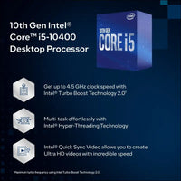 Intel Core i5-10400 CPU 2.9GHz (4.3GHz Turbo) LGA1200 10th Gen 6-Cores 12-Threads 12MB 65W UHD Graphic 630 Retail Box 3yrs Comet Lake BX8070110500