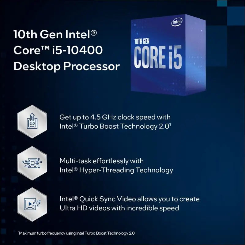 Intel Core i5-10400 CPU 2.9GHz (4.3GHz Turbo) LGA1200 10th Gen 6-Cores 12-Threads 12MB 65W UHD Graphic 630 Retail Box 3yrs Comet Lake BX8070110500
