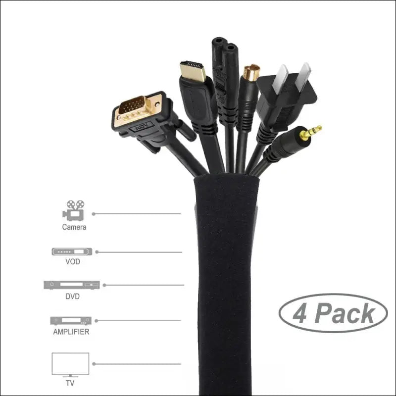 JOTO 0.5M*4Pcs Cable Management Sleeve, Cord Management System for TV/Computer/Home Entertainment, 19-20 inch Flexible Cable Sleeve Wrap Cover Organizer, 4 Piece - Black