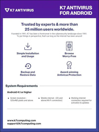 K7 Mobile Security for Android Mobile Antivirus 2025|1 User, 1 Year| Antivirus,Theft Alarm,Mobile Tracking,Safe surfing-No CD