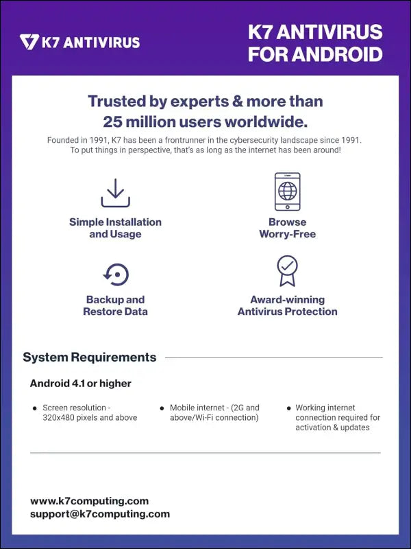 K7 Mobile Security for Android Mobile Antivirus 2025|1 User, 1 Year| Antivirus,Theft Alarm,Mobile Tracking,Safe surfing-No CD