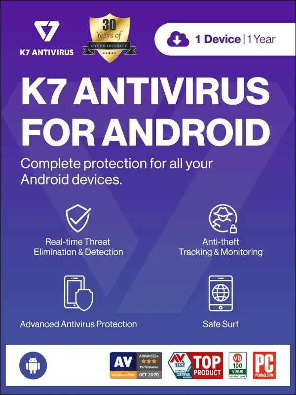 K7 Mobile Security for Android Mobile Antivirus 2025|1 User, 1 Year| Antivirus,Theft Alarm,Mobile Tracking,Safe surfing-No CD