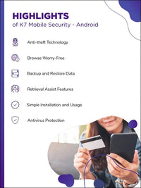 K7 Mobile Security for Android Mobile Antivirus 2025|1 User, 1 Year| Antivirus,Theft Alarm,Mobile Tracking,Safe surfing-No CD