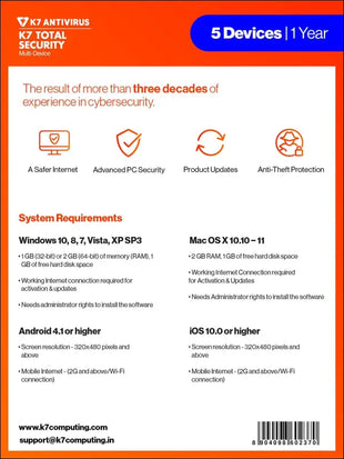 K7 Total Security Multi Device Antivirus |5 Devices, 1 Year| Fast scans, Anti Malware, Anti Ransomware| Windows, Mac, Android & iOS | 24 hr Email Delivery.