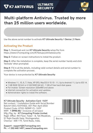 K7 Ultimate Security Antivirus Software 2025 | 1 Device, 3 Years