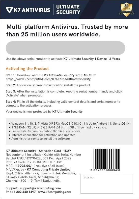 K7 Ultimate Security Antivirus Software 2025 | 1 Device, 3 Years