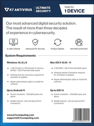 K7 Ultimate Security Antivirus Software 2025 |1 Devices, 1 Year| Threat Protection, Internet Security,Data Backup,Mobile Protection laptop,PC, MacÂ®,Phones,Tablets-No CD