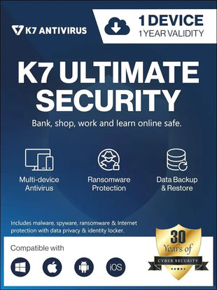K7 Ultimate Security Antivirus Software 2025 |1 Devices, 1 Year| Threat Protection, Internet Security,Data Backup,Mobile Protection laptop,PC,