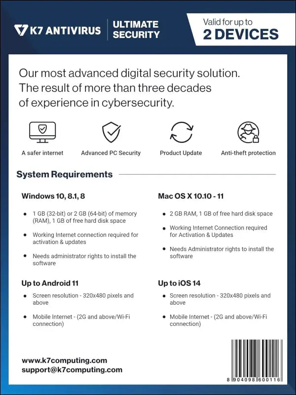 K7 Ultimate Security Antivirus Software 2025 |2 Devices, 1 Year|Threat Protection,Internet Security,Data Backup,Mobile Protection|Windows laptop,PC, MacÂ®,Phones,Tablets-No CD