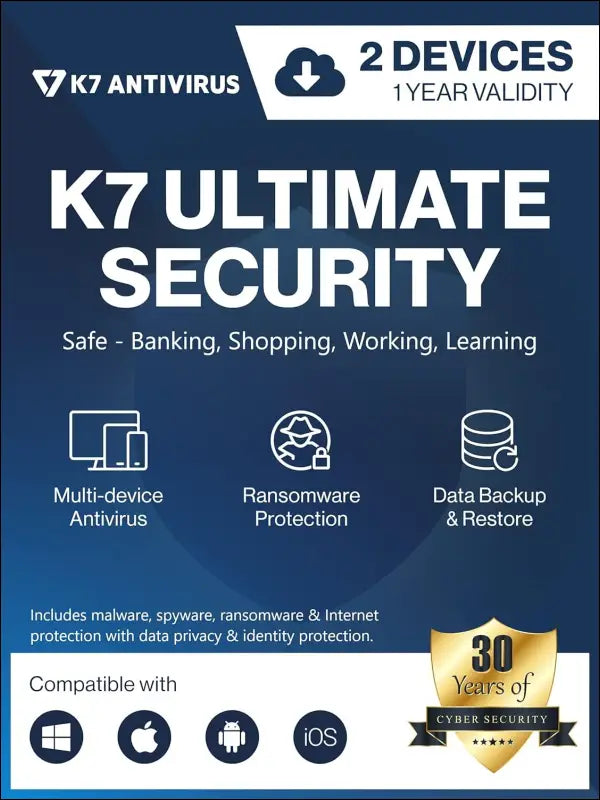 K7 Ultimate Security Antivirus Software 2025 |2 Devices, 1 Year|Threat Protection,Internet Security,Data Backup,Mobile Protection|Windows laptop,PC, MacÂ®,Phones,Tablets-No CD
