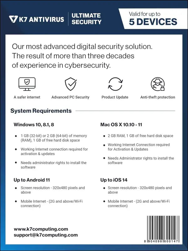 K7 Ultimate Security Antivirus Software 2025 |5 Devices, 1 Year|Threat Protection,Internet Security,Data Backup,Mobile Protection| laptop,PC, MacÂ®,Phones,Tablets|-No CD