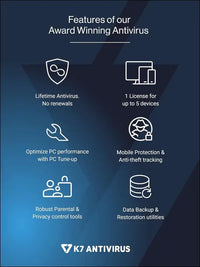 K7 Ultimate Security Infiniti Lifetime Validity Antivirus 2022 | 5 Devices | Threat Protection ,Internet Security,Data Backup,Mobile Protection| laptop,PC, MacÂ®,Phones,Tablets,iOS