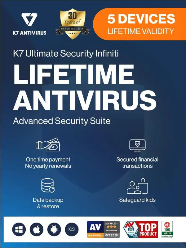 K7 Ultimate Security Infiniti Lifetime Validity Antivirus 2022 | 5 Devices | Threat Protection ,Internet Security,Data Backup,Mobile Protection| laptop,PC, MacÂ®,Phones,Tablets,iOS