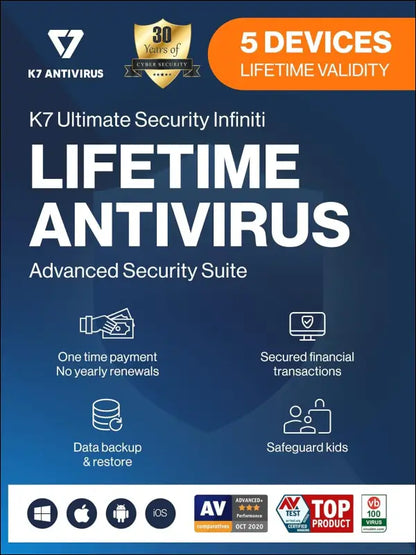 K7 Ultimate Security Infiniti Lifetime Validity Antivirus 2022 | 5 Devices | Threat Protection ,Internet Security,Data Backup,Mobile Protection| laptop,PC, MacÂ®,Phones,Tablets,iOS