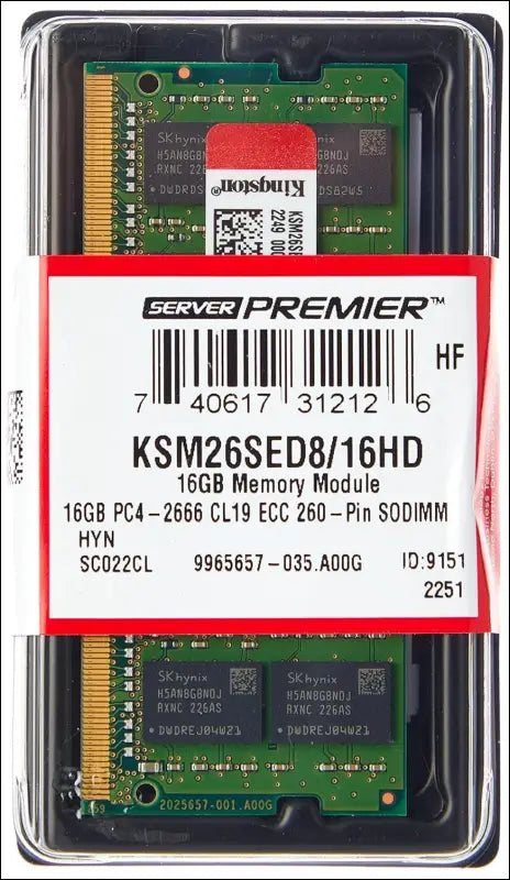 Kingston Server Premier 16GB 2666MT/s DDR4 ECC CL19 SODIMM 1Rx8 Server Memory Micron F - KSM26SES8/16MF
