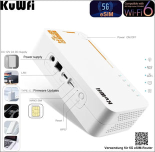 KuWFi 5G Router, 5G Router SIM Card, 5G LTE WLAN Router, AX3600 Dual-Band Wi-Fi 6, 2.5 Gigabit Ports + 4000mAh Battery, VPN, MU-MIMO, Web Management, 32 WiFi Devices, Plug and...