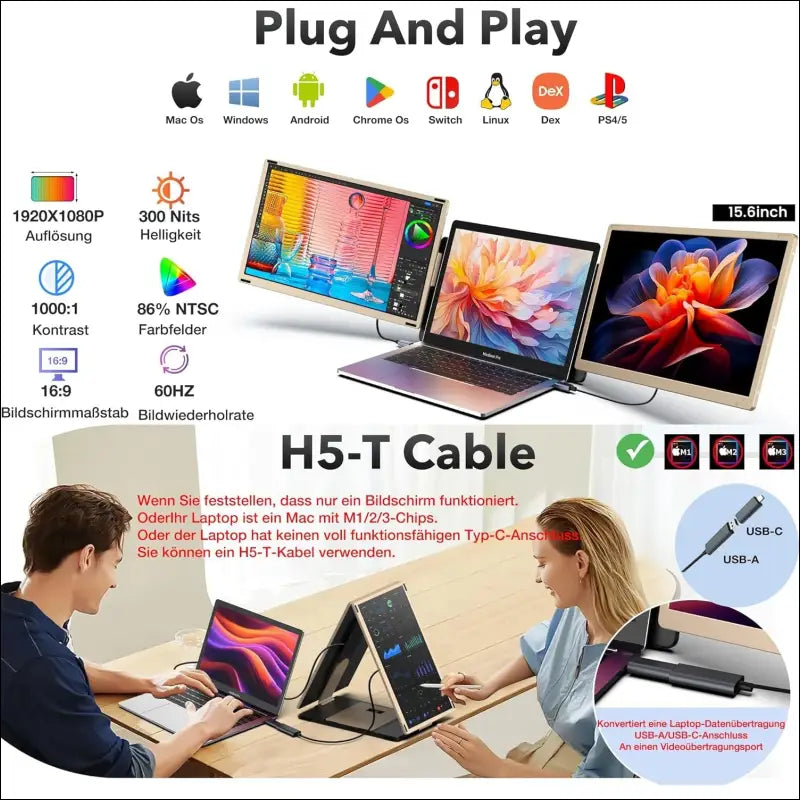 Kwumsy Portable Laptop Monitor - 15.6 Inch Dual Monitors Screen for, Rotatable 90°-235° & Plug and Play for Wins/Mac/PC (Type-C/HDMI/H5-T)