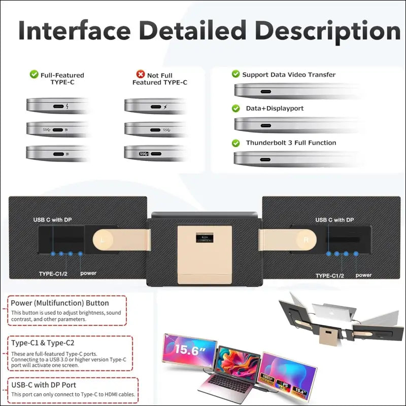 Kwumsy Portable Laptop Monitor - 15.6 Inch Dual Monitors Screen for, Rotatable 90°-235° & Plug and Play for Wins/Mac/PC (Type-C/HDMI/H5-T)
