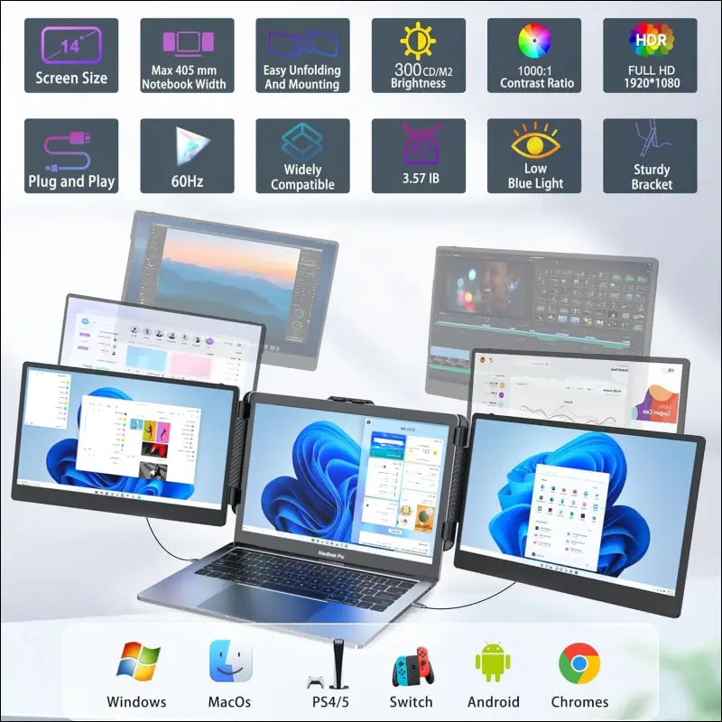 Kwumsy Portable Laptop Monitor - 15.6 Inch Dual Monitors Screen for, Rotatable 90°-235° & Plug and Play for Wins/Mac/PC (Type-C/HDMI/H5-T)
