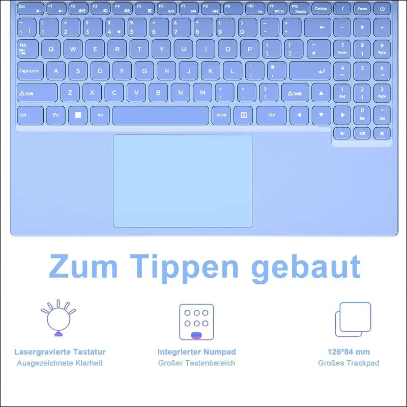 Laptop 16 Inch 12 GB RAM 512 GB ROM Extensions 2.5 Inch 1 TB SSD, Laptop Win 11 with 4-Core CPU N5095 (up to 2.9 GHz), 1920 x 1200丨5G WiFi, Bluetooth & German Keyboard Sticker Blue