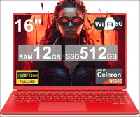 Laptop 16 Inch 12 GB RAM 512 GB ROM Extensions 2.5 Inch 1 TB SSD, Laptop Win 11 with 4-Core CPU N5095 (up to 2.9 GHz), 1920 x 1200丨5G WiFi, Bluetooth & German Keyboard Sticker Red