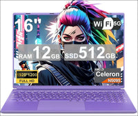 Laptop 16 Inch 12 GB RAM 512 GB ROM Extensions 2.5 Inch 1 TB SSD, Laptop Win 11 with 4-Core CPU N5095 (up to 2.9 GHz), 1920 x 1200丨5G WiFi, Bluetooth & German Keyboard Sticker...