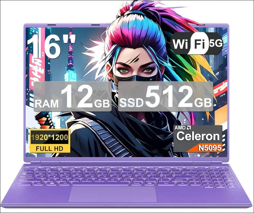 Laptop 16 Inch 12 GB RAM 512 GB ROM Extensions 2.5 Inch 1 TB SSD, Laptop Win 11 with 4-Core CPU N5095 (up to 2.9 GHz), 1920 x 1200丨5G WiFi, Bluetooth & German Keyboard Sticker...