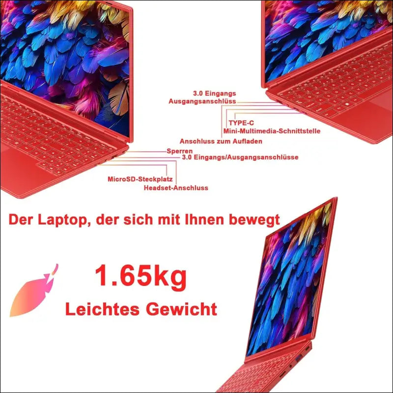 Laptop 16 Inch 12 GB RAM 512 GB ROM Extensions 2.5 Inch 1 TB SSD, Laptop Win 11 with 4-Core CPU N5095 (up to 2.9 GHz), 1920 x 1200丨5G WiFi, Bluetooth & German Keyboard Sticker Red