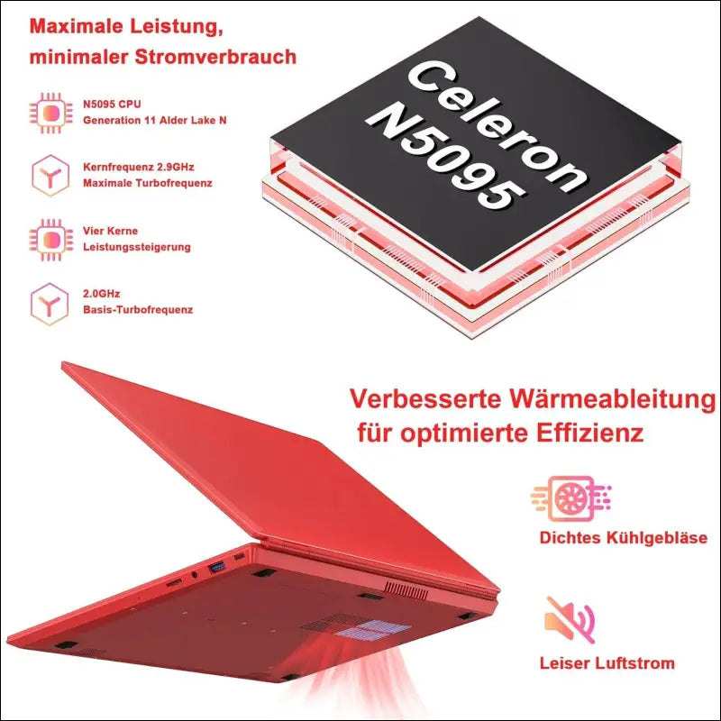 Laptop 16 Inch 12 GB RAM 512 GB ROM Extensions 2.5 Inch 1 TB SSD, Laptop Win 11 with 4-Core CPU N5095 (up to 2.9 GHz), 1920 x 1200丨5G WiFi, Bluetooth & German Keyboard Sticker Red