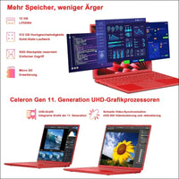 Laptop 16 Inch 12 GB RAM 512 GB ROM Extensions 2.5 Inch 1 TB SSD, Laptop Win 11 with 4-Core CPU N5095 (up to 2.9 GHz), 1920 x 1200丨5G WiFi, Bluetooth & German Keyboard Sticker Red