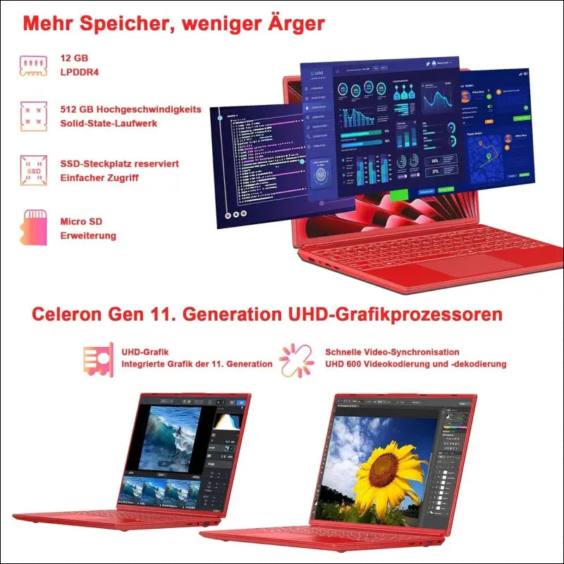 Laptop 16 Inch 12 GB RAM 512 GB ROM Extensions 2.5 Inch 1 TB SSD, Laptop Win 11 with 4-Core CPU N5095 (up to 2.9 GHz), 1920 x 1200丨5G WiFi, Bluetooth & German Keyboard Sticker Red