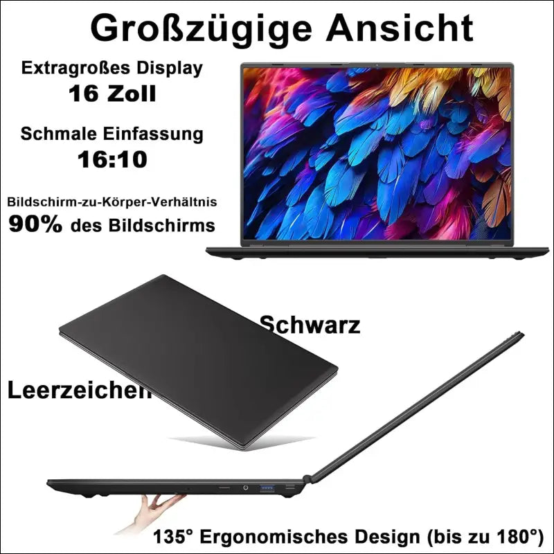Laptop 16 Inch 12 GB RAM 512 GB ROM Extensions 2.5 Inch 1 TB SSD, Laptop Win 11 with 4-Core CPU N5095 (up to 2.9 GHz), 1920 x 1200丨5G WiFi, Bluetooth & German Keyboard Stickers,...