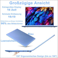Laptop 16 Inch 12 GB RAM 512 GB ROM Extensions 2.5 Inch 1 TB SSD, Laptop Win 11 with 4-Core CPU N5095 (up to 2.9 GHz), 1920 x 1200丨5G WiFi, Bluetooth & German Keyboard Sticker Blue