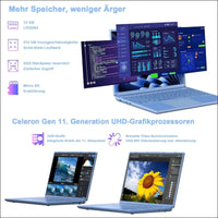 Laptop 16 Inch 12 GB RAM 512 GB ROM Extensions 2.5 Inch 1 TB SSD, Laptop Win 11 with 4-Core CPU N5095 (up to 2.9 GHz), 1920 x 1200丨5G WiFi, Bluetooth & German Keyboard Sticker Blue