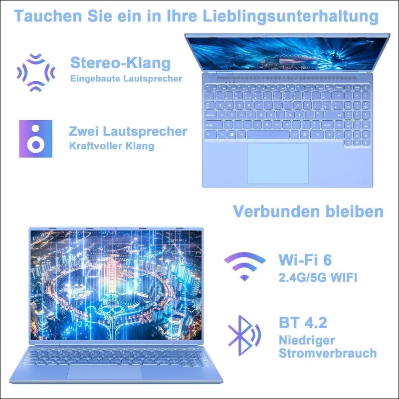 Laptop 16 Inch 12 GB RAM 512 GB ROM Extensions 2.5 Inch 1 TB SSD, Laptop Win 11 with 4-Core CPU N5095 (up to 2.9 GHz), 1920 x 1200丨5G WiFi, Bluetooth & German Keyboard Sticker Blue