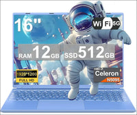 Laptop 16 Inch 12 GB RAM 512 GB ROM Extensions 2.5 Inch 1 TB SSD, Laptop Win 11 with 4-Core CPU N5095 (up to 2.9 GHz), 1920 x 1200丨5G WiFi, Bluetooth & German Keyboard Sticker Blue