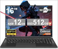 Laptop 16 Inch 12 GB RAM 512 GB ROM Extensions 2.5 Inch 1 TB SSD, Laptop Win 11 with 4-Core CPU N5095 (up to 2.9 GHz), 1920 x 1200丨5G WiFi, Bluetooth & German Keyboard Stickers,...