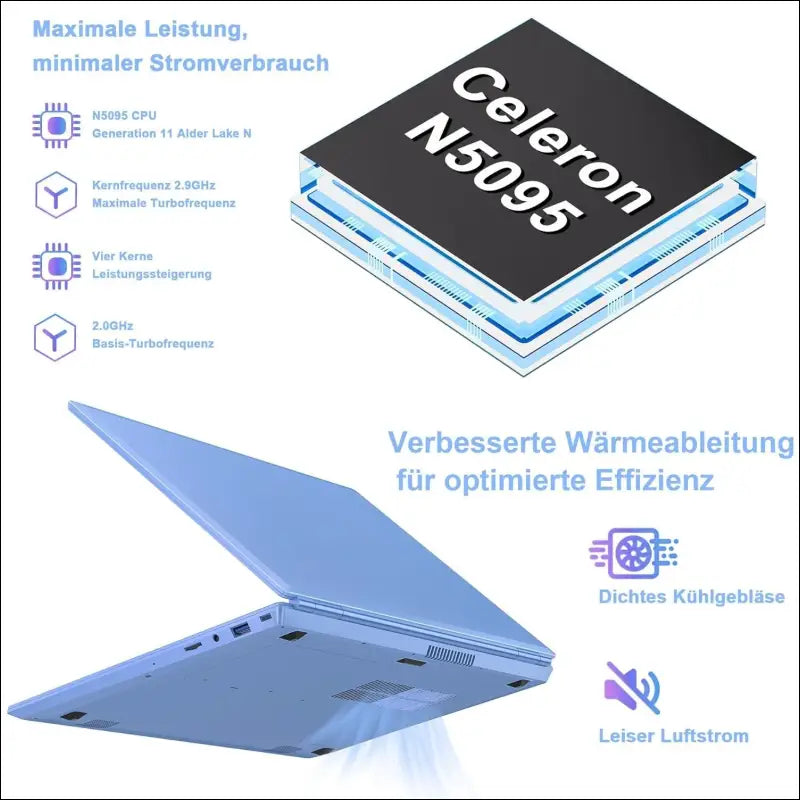 Laptop 16 Inch 12 GB RAM 512 GB ROM Extensions 2.5 Inch 1 TB SSD, Laptop Win 11 with 4-Core CPU N5095 (up to 2.9 GHz), 1920 x 1200丨5G WiFi, Bluetooth & German Keyboard Sticker Blue