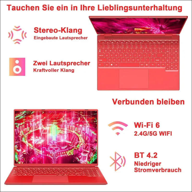 Laptop 16 Inch 12 GB RAM 512 GB ROM Extensions 2.5 Inch 1 TB SSD, Laptop Win 11 with 4-Core CPU N5095 (up to 2.9 GHz), 1920 x 1200丨5G WiFi, Bluetooth & German Keyboard Sticker Red