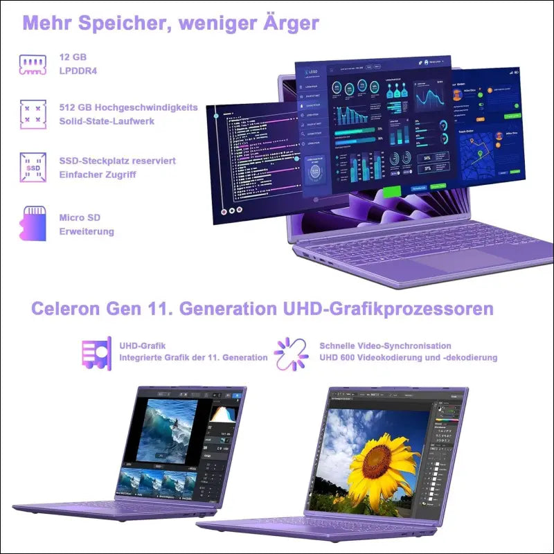 Laptop 16 Inch 12 GB RAM 512 GB ROM Extensions 2.5 Inch 1 TB SSD, Laptop Win 11 with 4-Core CPU N5095 (up to 2.9 GHz), 1920 x 1200丨5G WiFi, Bluetooth & German Keyboard Sticker...