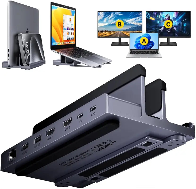 Laptop Docking Station Stand Dual 4K Monitor,  Dual HDMI Docking Station for Laptop, 2 HDMI (Single 4K@120Hz), 2 USB 3.0 Ports, 100W PD, RJ45 Ethernet, Desktop Management 7-in-1 USB C Dock