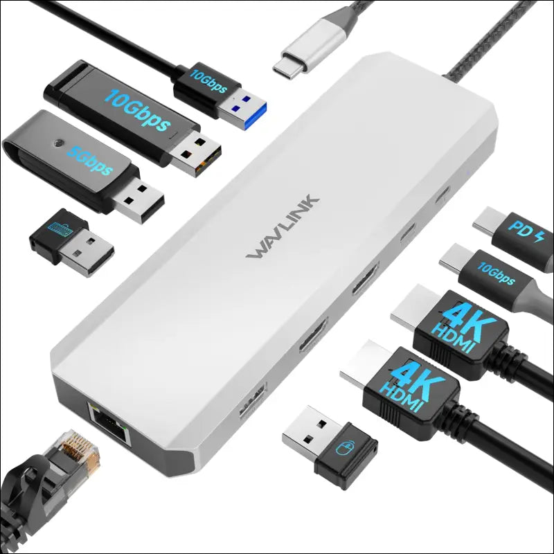 Laptop Docking Station WAVLINK 10G USB C Hub with Dual HDMI 100W PD in 10Gbps USB-A/C 3.2 5Gbps USB-A USB2.0 Gigabit