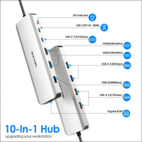 Laptop Docking Station WAVLINK 10G USB C Hub with Dual HDMI 100W PD in 10Gbps USB-A/C 3.2 5Gbps USB-A USB2.0 Gigabit