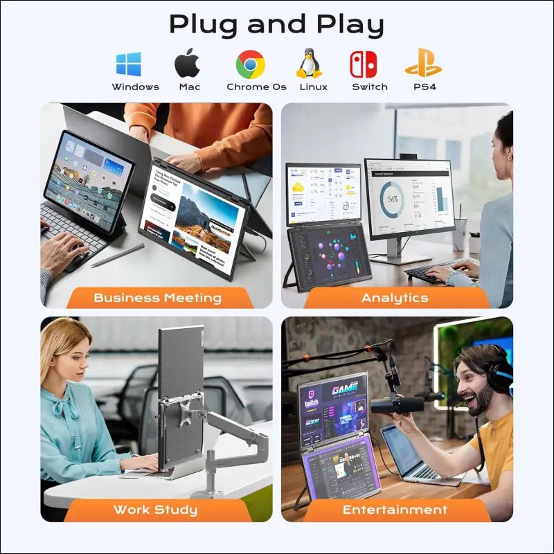 Laptop Screen - 360° Rotation F3 Portable Monitor Triple, Horizontal and Vertical with Stand, 14 Inch IPS FHD 1080P, Compatible with PS5, Windows/Mac and Laptop/Mini PC