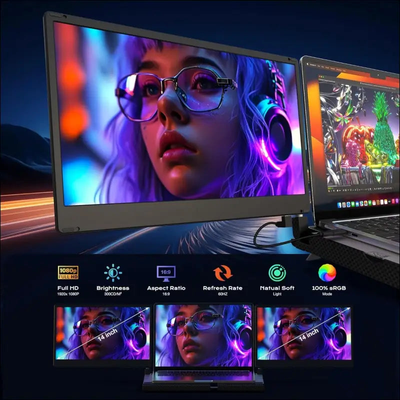 Laptop Screen - 360° Rotation F3 Portable Monitor Triple, Horizontal and Vertical with Stand, 14 Inch IPS FHD 1080P, Compatible with PS5, Windows/Mac and Laptop/Mini PC